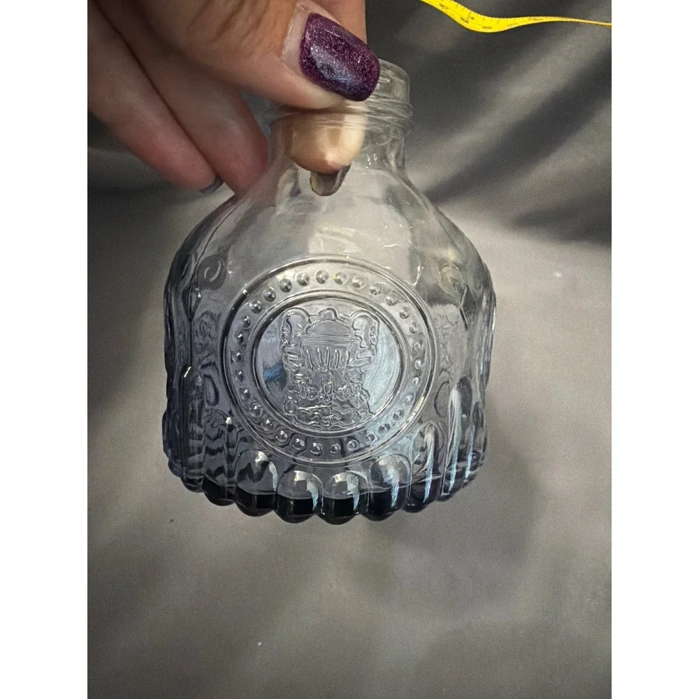 Vintage Blue Embossed Glass Bottle Scalloped Bud Vase Crest Design 3.5 Inch